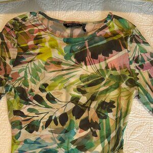 Marciano XS Sheer Tulle Botanical Print Long Sleeve Top | Mesh Fitted